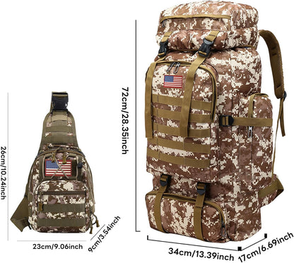 80L 2Pcs Hiking Backpack for Men with Sling Tactical Backpack - Rucksack Molle Military Tactical Waterproof Lightweight Camping Backpack 3 Day Assault Pack for Travel, Climbing, Backpacking