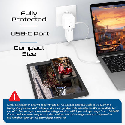 Ceptics European Plug Adapter, Safe USB-C 30W PD & QC 3.0-2 USA Socket - Compact & Powerful - Use in Greece, Italy, Switzerland, Turkey, Portugal - Includes Type C Swadapt Attachment