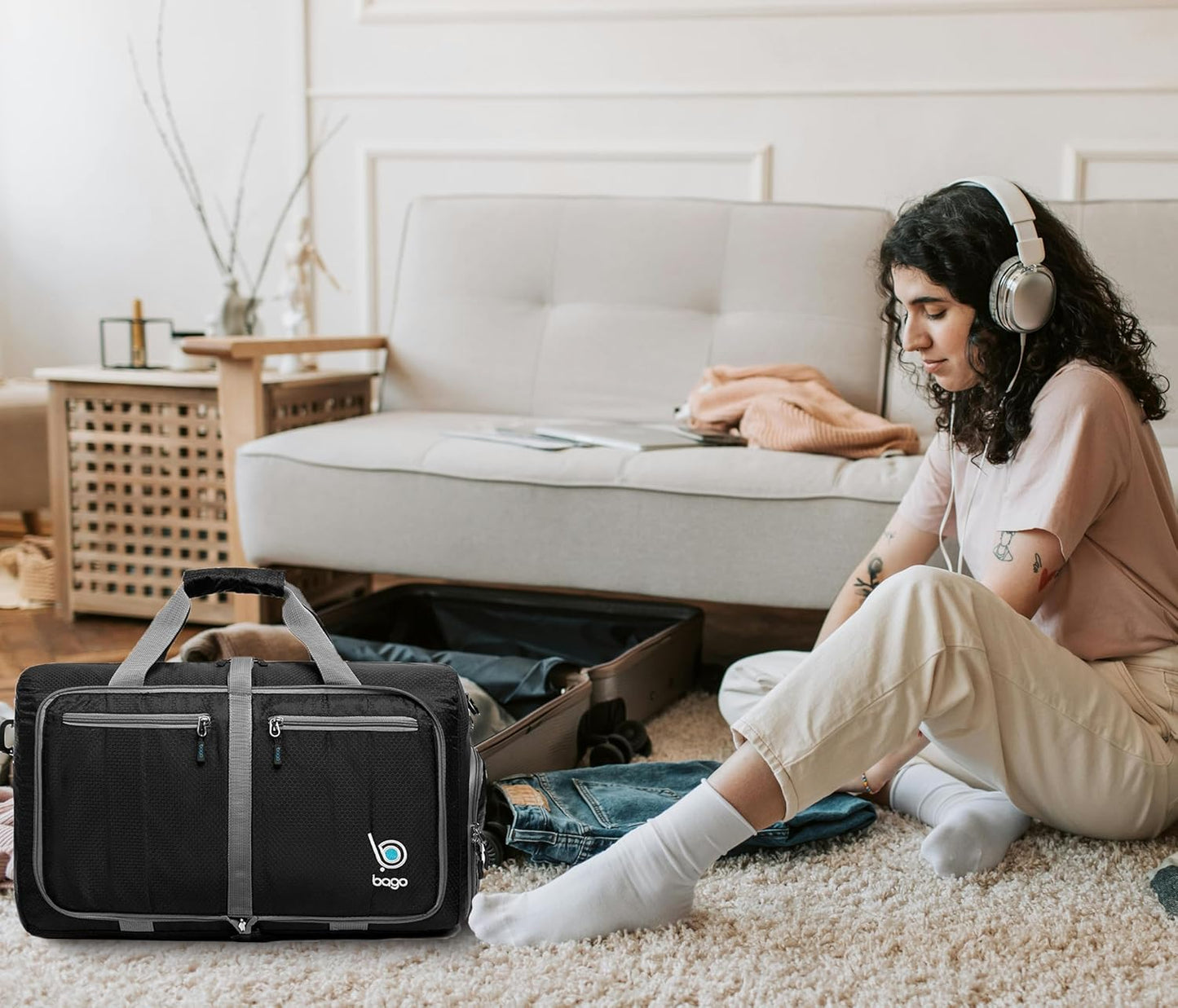 Bago Foldable Duffel Bags for Traveling Women & Men - 40L Sports Packable Duffle Bag for Travel with Shoe Compartment - Water Repellant, Heavy Duty, Lightweight Folding & Collapsible (Black)