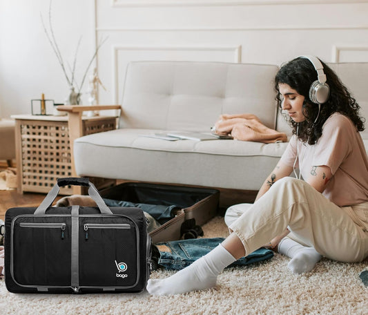 Bago Foldable Duffel Bags for Traveling Women & Men - 40L Sports Packable Duffle Bag for Travel with Shoe Compartment - Water Repellant, Heavy Duty, Lightweight Folding & Collapsible (Black)