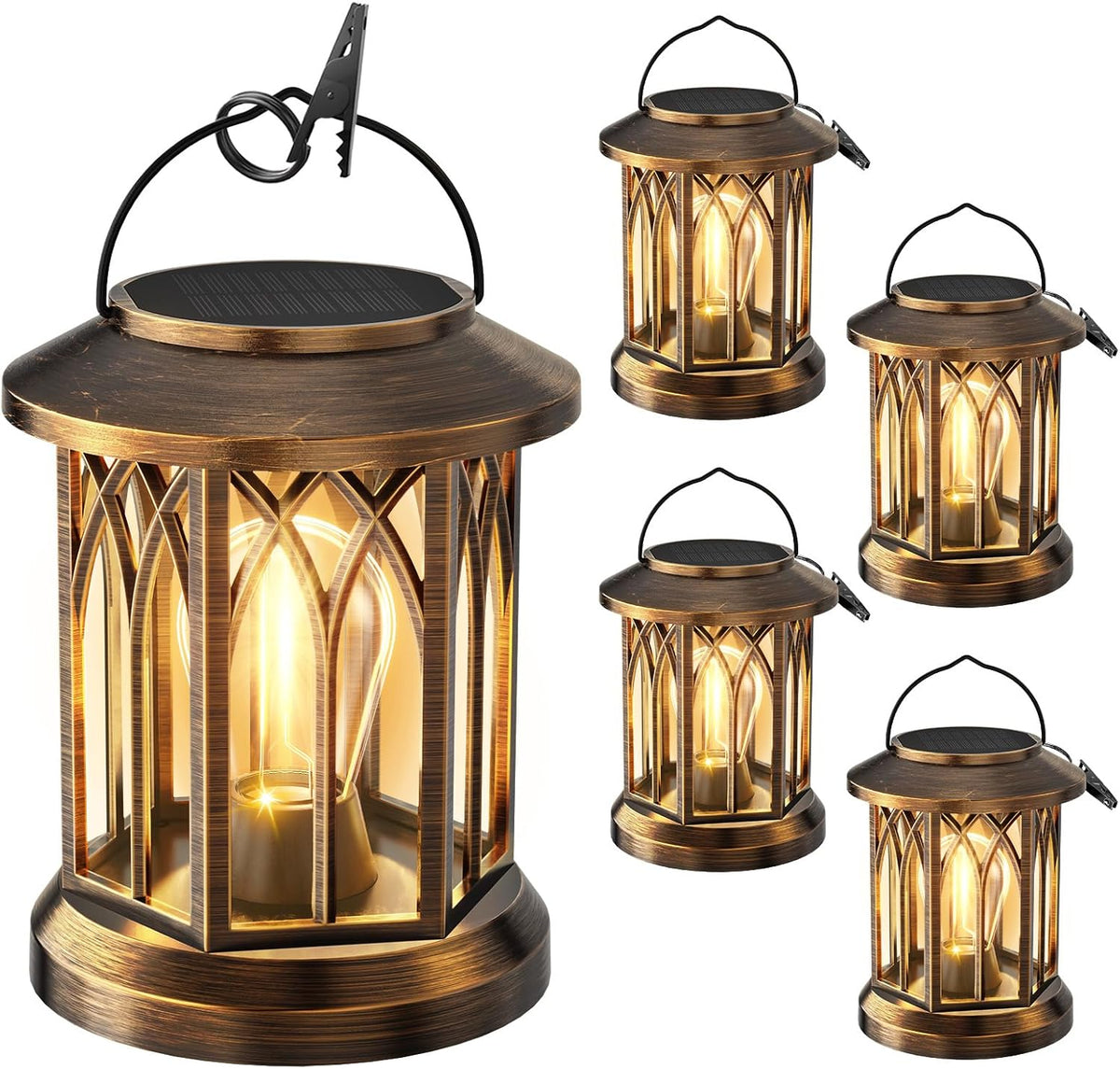 WdtPro Solar Lanterns Outdoor Lights, 4 Pack Bright Lanterns Outdoor Waterproof with Clip Patio Decor, Hanging Solar Lights for Outside Garden Yard Front Porch Table Decoration (Antique Copper)