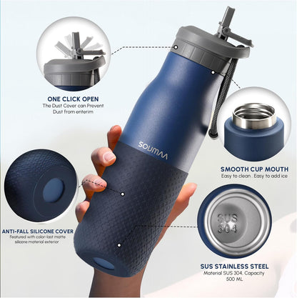 Insulated Stainless Steel Water Bottles with Straw, Wall Vacuum Insulated Water Bottle for Gym Traveling Camping Hiking Outdoor Activity(2 Cleaning Brushes+1 Carabiner, 18 oz Blue)