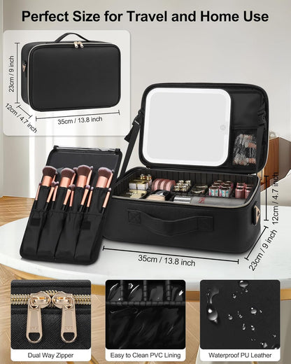 Chomeiu Makeup Bag with LED Mirror, Travel Cosmetic Train Case for Women, Makeup Artists Large Organizer Box with Vanity Light Up Mirror, 3 Color Lights, Adjustable Dividers & Shoulder Strap (Black)
