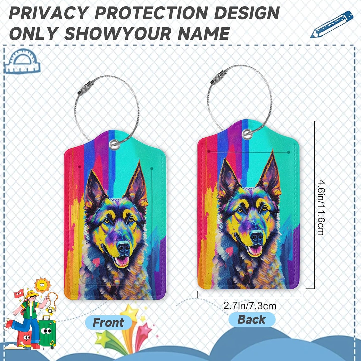 2 Pack Luggage Tag for Suitcase,Art German Shepherd Dog Leather Bag Tags Identifiers Privacy Cover ID Label with Durable Steel Loop for Women Men Kids Girls Travel