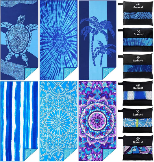 6 Pack Lightweight Thin Beach Towel Oversized 71"x32" Big Extra Large Microfiber Sand Free Towels for Adult Quick Dry Travel Camping Beach Accessories Gift Turtles Tie Dye Coconut Tree Mandala Stripe