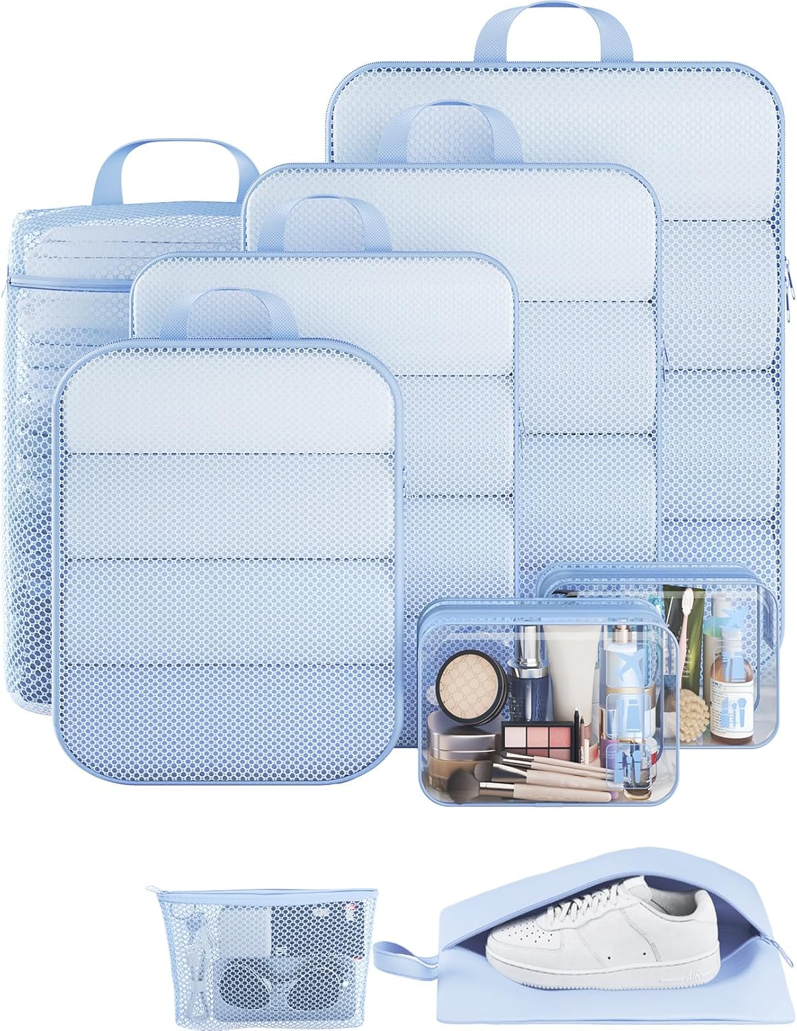 Veken 9/11 Set Compression Packing Cubes for Travel Essentials,Compressible Expandable Large Luggage Suitcase Organizer Bags for Clothing,Durable Space Saver Storage Bags(Light Blue)