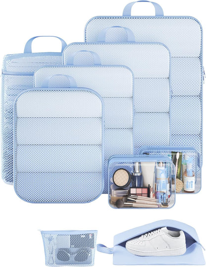 Veken 9/11 Set Compression Packing Cubes for Travel Essentials,Compressible Expandable Large Luggage Suitcase Organizer Bags for Clothing,Durable Space Saver Storage Bags(Light Blue)