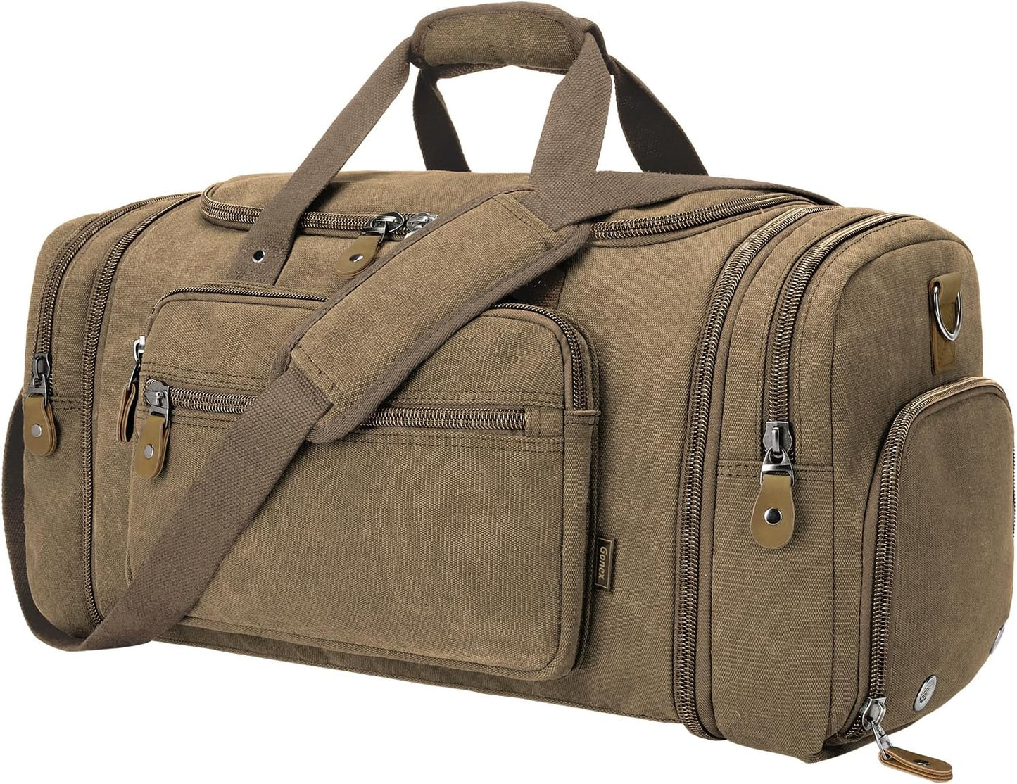 Gonex Canvas Duffle Bag 60L Travel Duffel Overnight Weekend Bag with Shoe Compartment (Coffee)