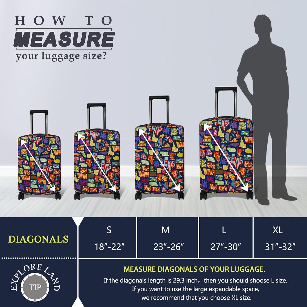 Explore Land Travel Luggage Cover Suitcase Protector Fits 23-26 Inch Case (America Map, M)