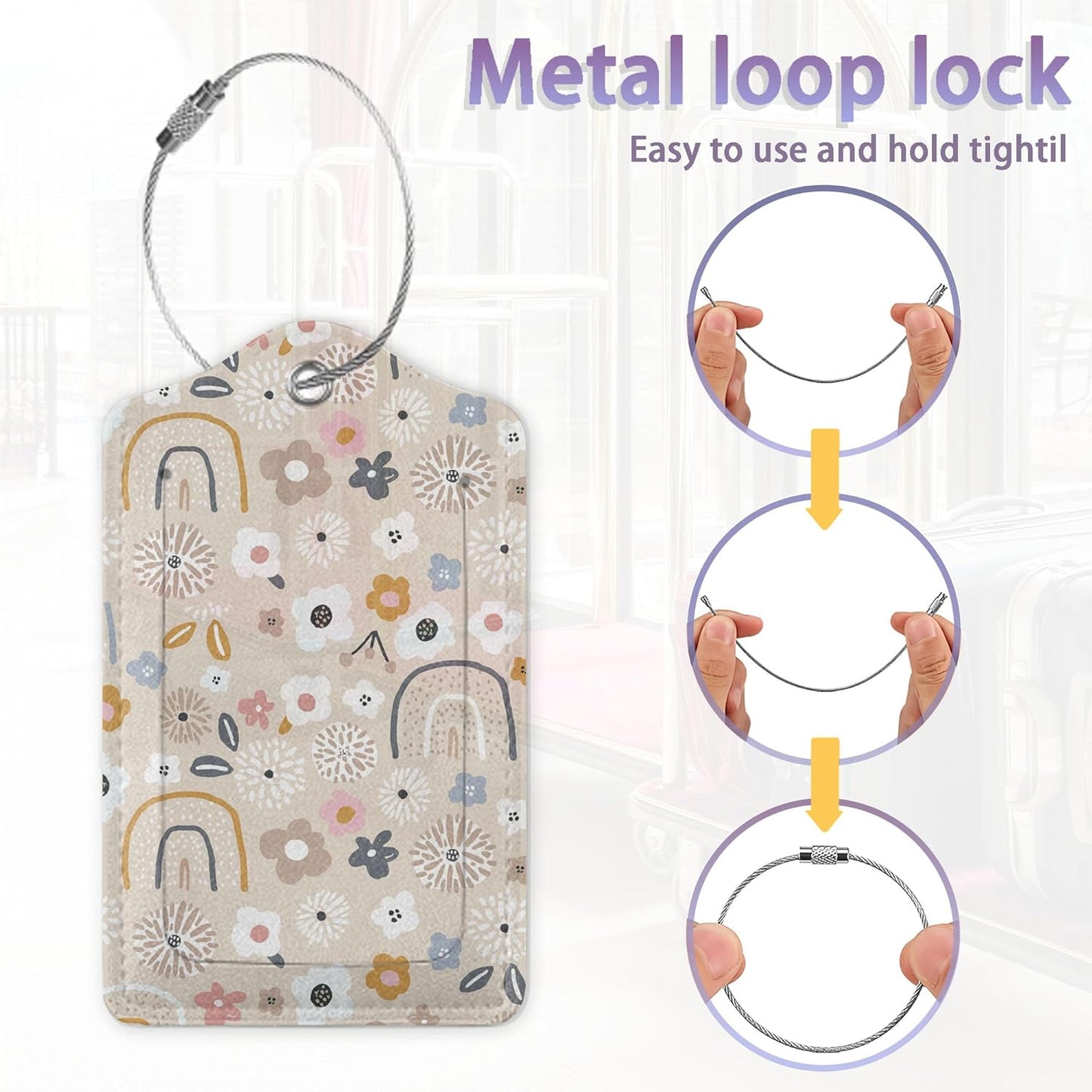 2Pcs Luggage Tag for Suitcase Boho Flowers Rainbow Cute Suitcase Tag with Privacy Flap & Name ID Label & Metal Loop,Travel Bag Luggage Tags for Women