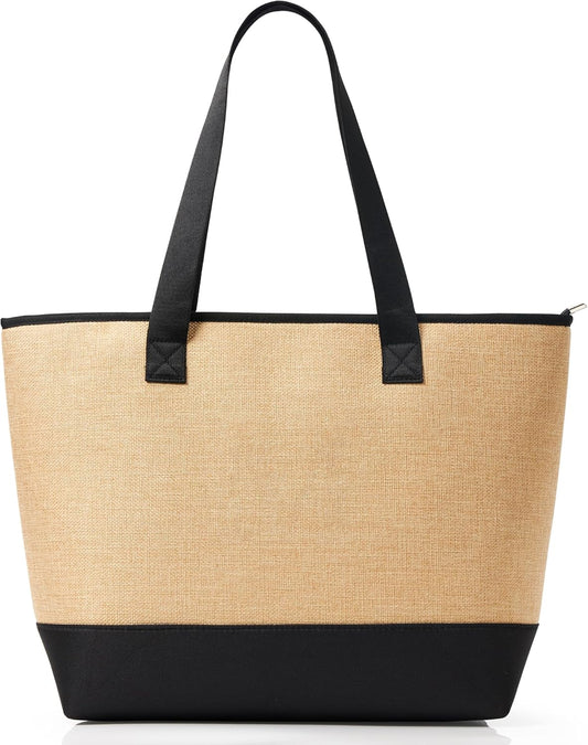 KALIDI Woven Tote Bag for Women, Lightweigh Monogram Beach Bag with Zipper & Sand-Proof Canvas Base, Personalized Gift
