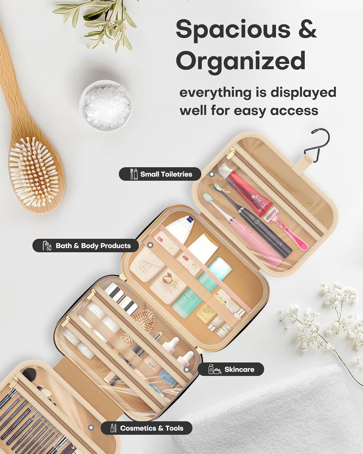 HOTOR Travel Toiletry Bag for Women & Men, Waterproof Makeup Bag with Hanging Hook and Multiple Pockets, Cosmetic Bags for Women, Travel Essentials, 12.6'' x 4.3'' x 9.9'', Aegean-Blue