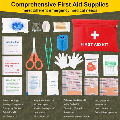 Survival First Aid Kit, 248PCS Survival Tools Camping Essentials Tactical Gear Emergency Trauma Medical Supplies Packed in a MOLLE Pouch, Saber Card,Cool for Men Camping Hiking Outdoor Activities