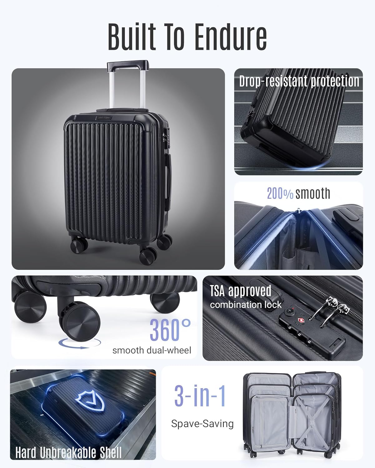 LIGHT FLIGHT Luggage Sets, Durable Hard Shell 3 Piece Set Suitcase with Spinner Wheels, Hardside Lightweight Luggage set with TSA Lock, Large Travel Luggage Set (20" 24" 28"), Black