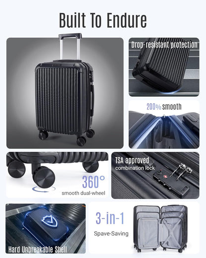LIGHT FLIGHT Luggage Sets, Durable Hard Shell 3 Piece Set Suitcase with Spinner Wheels, Hardside Lightweight Luggage set with TSA Lock, Large Travel Luggage Set (20" 24" 28"), Black