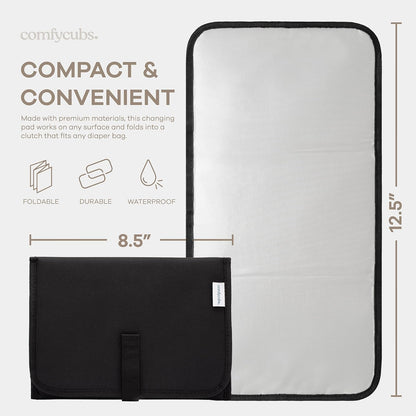 Comfy Cubs Baby Changing Pad Compact Size - Waterproof Diaper Changing Mat with Cushioned Pillow - Soft & Lightweight, Foldable Design for Travel - Stylish Design for Boys and Girls - Solid Black