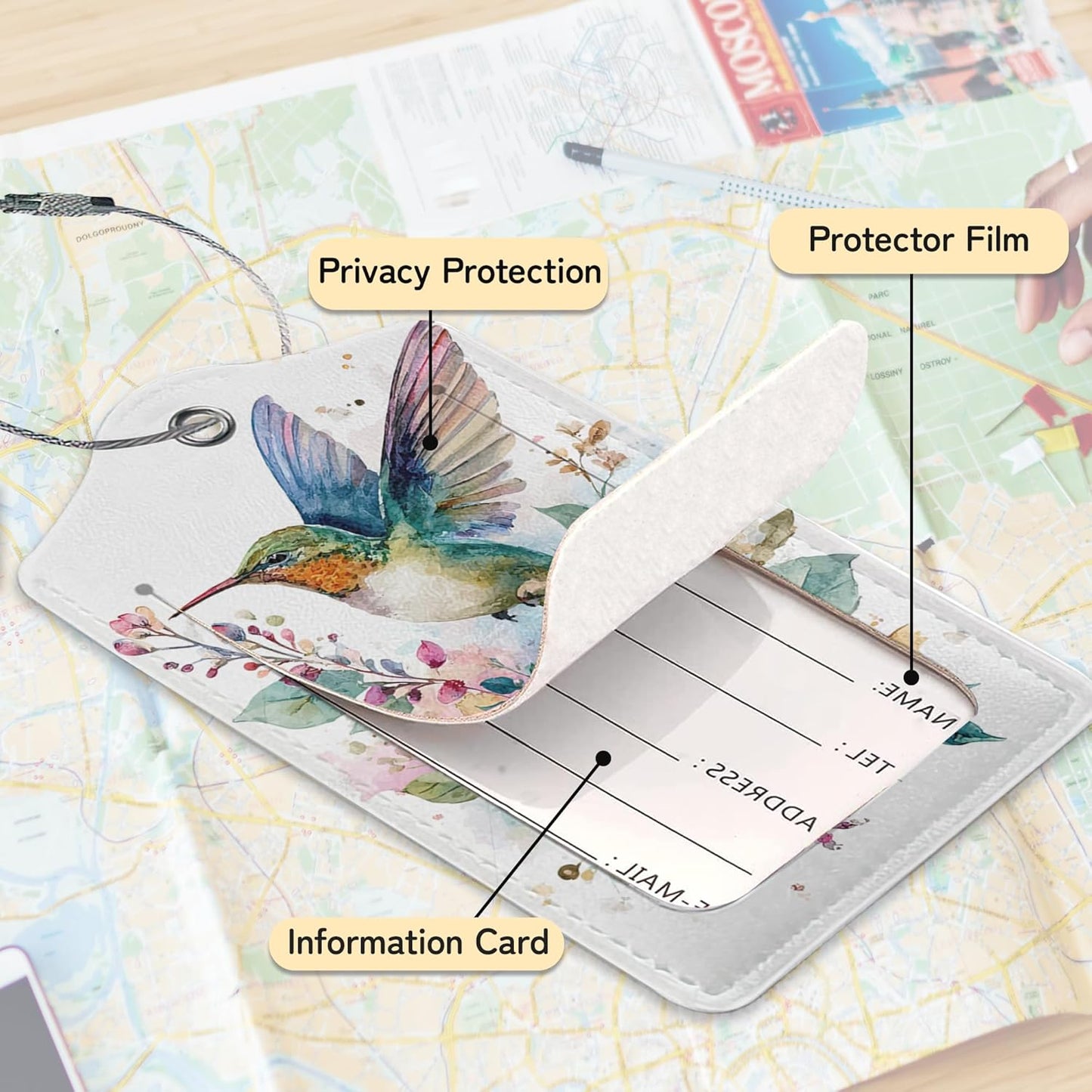 Hummingbird Flowers 3 Pack Luggage Tags for Suitcases, Cute Leather Name Tag with Privacy Cover with Stainless Steel Loops, Travel ID Bag Tags for Women Men