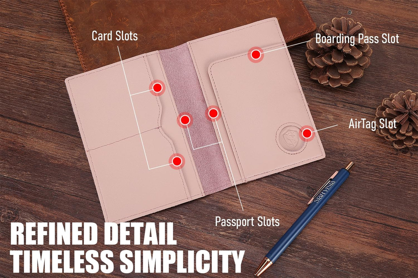 STAR VISTA Albatross Leather Travel Passport Holder, Minimalist Design, Calfskin Leather Case for Women and Men - Slim Passport Wallet, Bifold, RFID Blocking, with AirTag Holder, Pale Pink