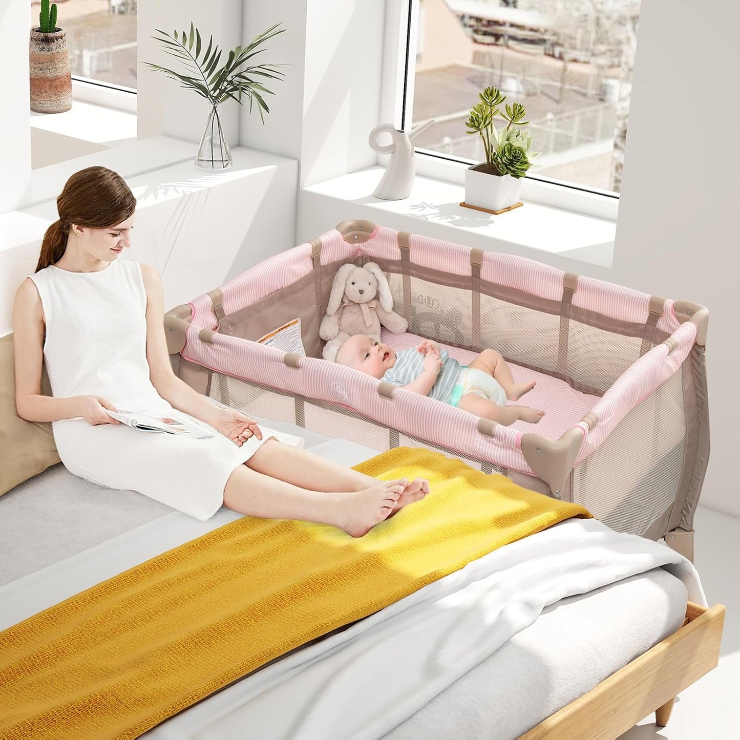 HONEY JOY Pack and Play, 3 in 1 Portable Baby Playard with Bassinet, Changing Table, Lockable Wheels, Music Box, Foldable Travel Baby Crib Nursery Center from Newborn to Toddler (Coffee Pink)