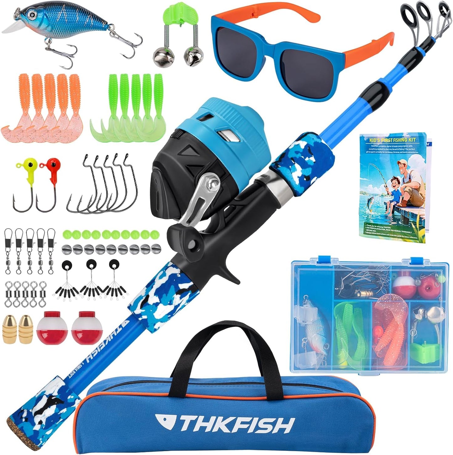 Kids Fishing Pole Set, Telescopic Fishing Rod Reel Combo Kids Starter Kit with Lures Tackle Box, Foldable Stool and Portable Bag for Boys Girls Younth
