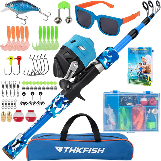 Kids Fishing Pole Set, Telescopic Fishing Rod Reel Combo Kids Starter Kit with Lures Tackle Box, Foldable Stool and Portable Bag for Boys Girls Younth