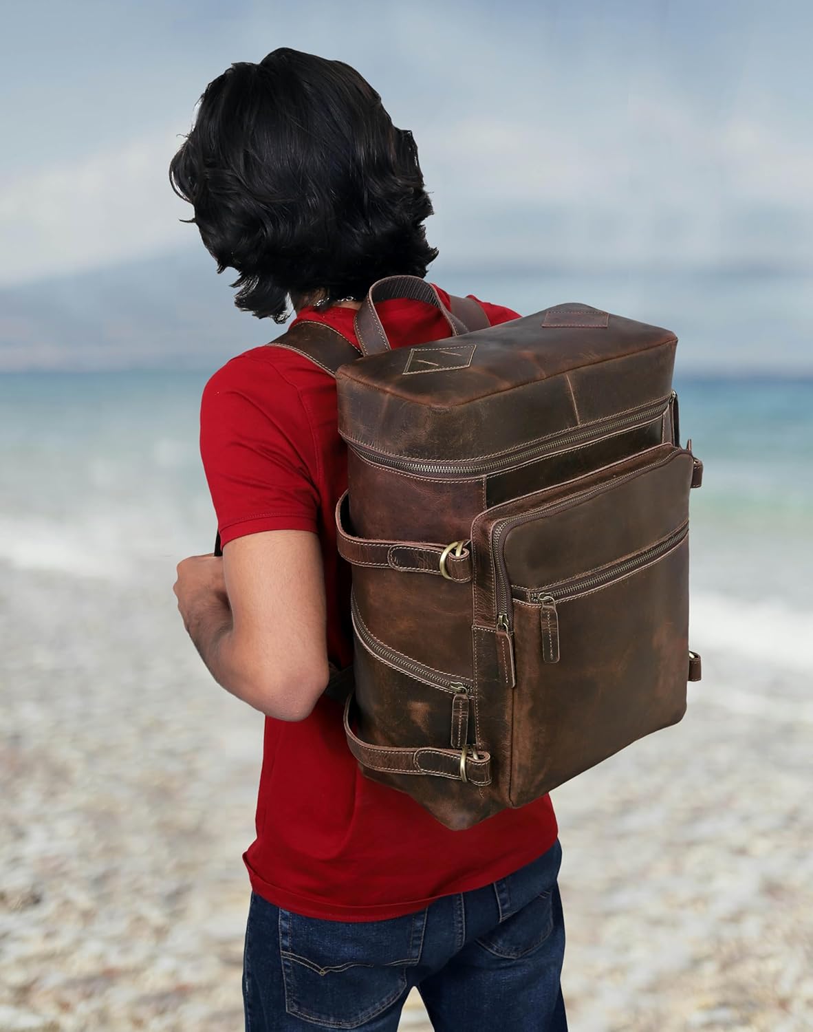 HLC Leather Brown Backpack For Men 17 Inch Genuine Laptop Backpack For Women Men Genuine Leather Backpack Vintage Large Capacity Business Retro Daypack