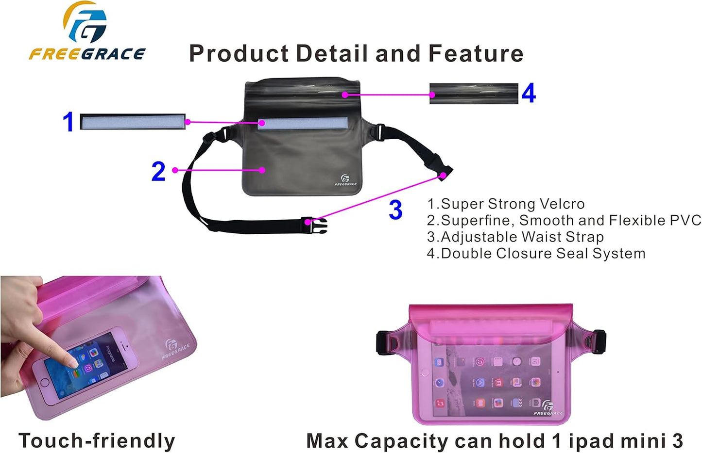 Freegrace Waterproof Pouches with Waist Strap / Pouch Case Bundle Set- Keep Your Phone & Valuables Dry and Safe - Waterproof Dry Bags for Boating Swimming Snorkeling Kayaking Beach Water Parks Pool