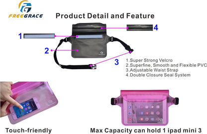 Freegrace Waterproof Pouches with Waist Strap / Pouch Case Bundle Set- Keep Your Phone & Valuables Dry and Safe - Waterproof Dry Bags for Boating Swimming Snorkeling Kayaking Beach Water Parks Pool