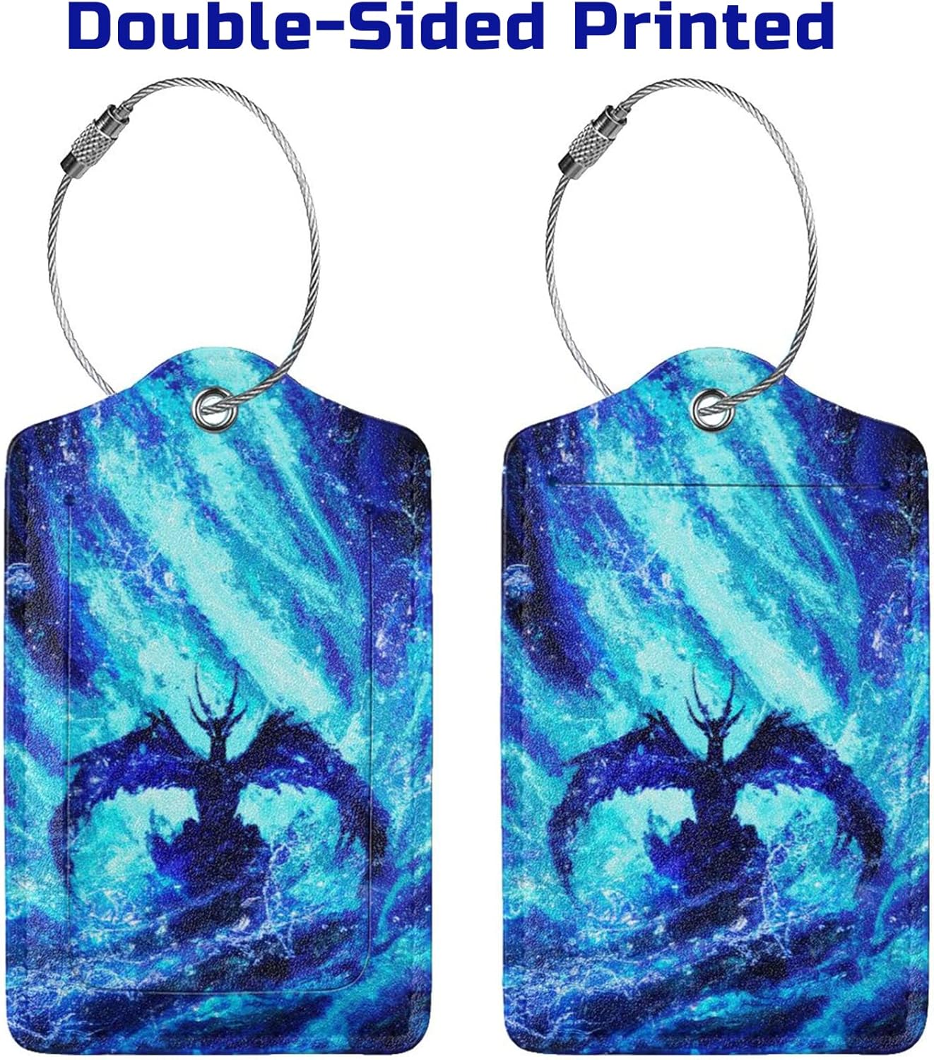 Set of 2 Dragon Luggage Tags for Suitcases Travel, Cool Blue Bag Tags for Luggage Backpack with Privacy Cover Id Label, Stainless Steel Loop and Address Card