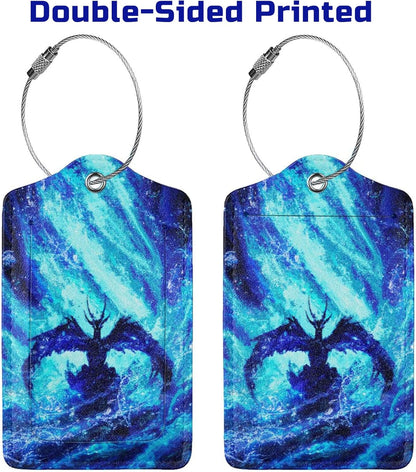 Set of 2 Dragon Luggage Tags for Suitcases Travel, Cool Blue Bag Tags for Luggage Backpack with Privacy Cover Id Label, Stainless Steel Loop and Address Card