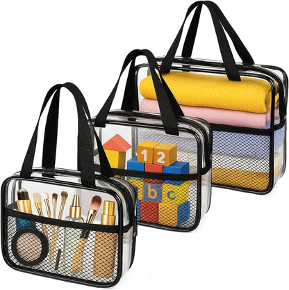 XEWEA Large Small Clear Travel Toiletry Bags with Handles & Pocket for Men Women, 3PCS TSA Approved Transparent Makeup Bag,Waterproof PVC Quart Organizer with Zipper for Toiletries Airline Essentials
