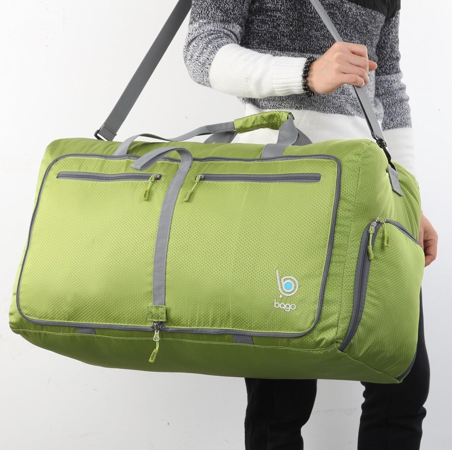 Bago Large Foldable Duffel Bags for Traveling Women & Men - 80L Packable Duffle Bag for Travel with Shoe Compartment - Water Repellant, Heavy Duty, Lightweight Folding & Collapsible (Green)