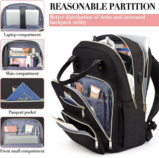 Travel Laptop Backpack for Women, School Backpack for Teens, 15.6 Inch Work Laptop Bag with USB Port Charging, Water Resistant College School Bookbags for Girls, Black