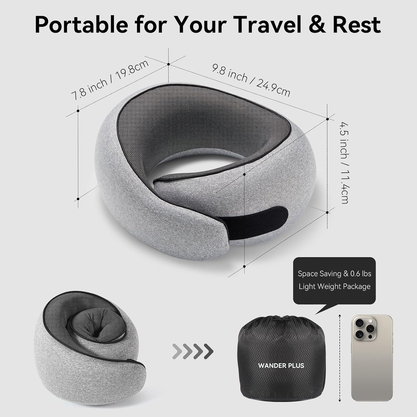 WANDER PLUS® Travel Pillow, 100% Pure Memory Foam Travel Neck Pillow Airplane Neck Support Ergonomic Design Best for Sleeping Plane Car Train Office Flight for Adults Black