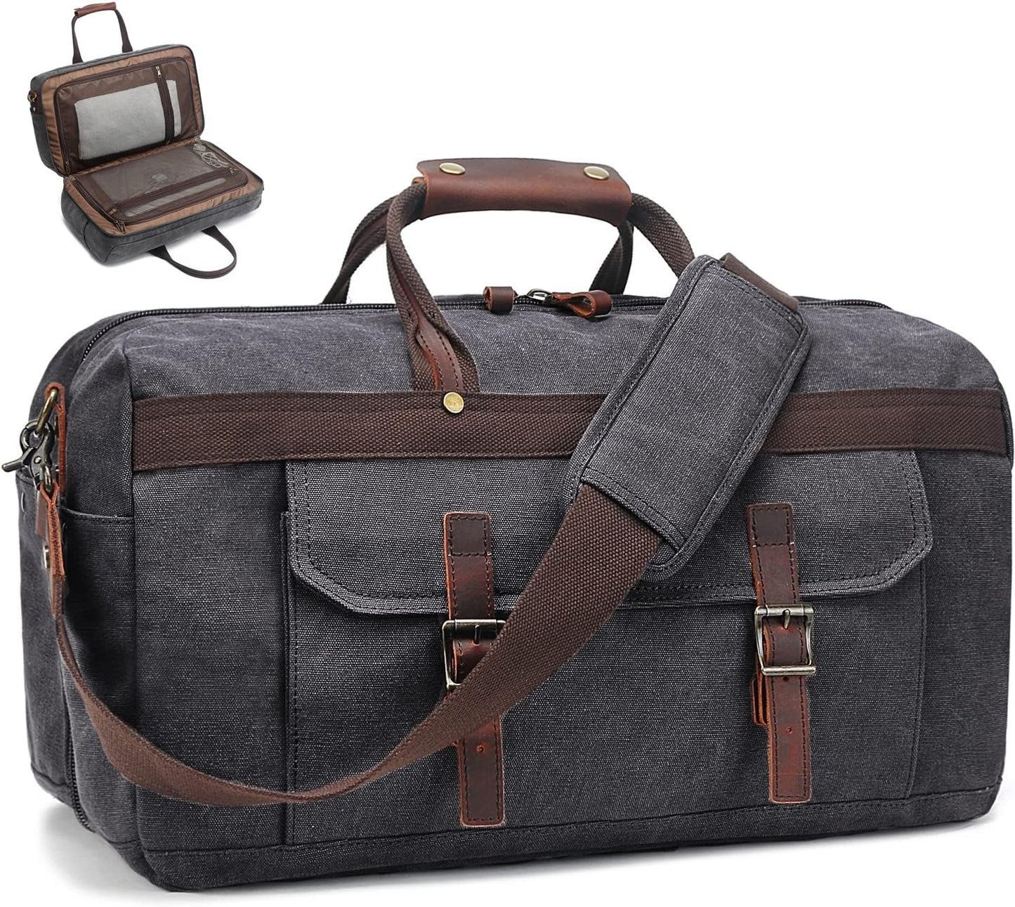Duffle Bag for Men Waterproof Genuine Leather Canvas Travel Duffel Bags for Women Overnight Weekender Bag for Traveling