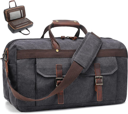 Duffle Bag for Men Waterproof Genuine Leather Canvas Travel Duffel Bags for Women Overnight Weekender Bag for Traveling