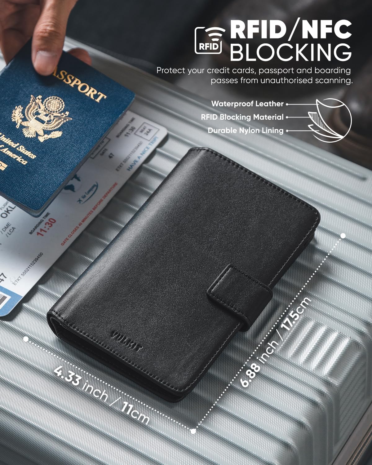 VULKIT Passport Holder with Airtag Holder RFID Blocking Passport Wallet Travel Leather Passport for Women(Iron Black)