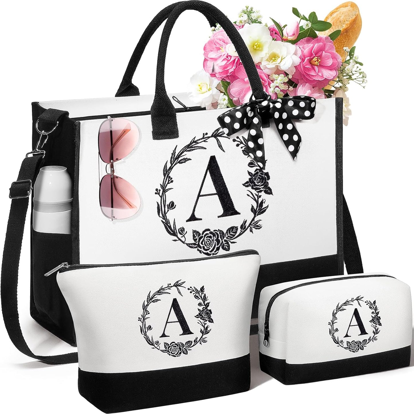 Personalized Mothers Day Gifts for Women, Initial Canvas Tote Bag & Makeup Bag Monogrammed Beach Tote Bag for Women w/Zipper, Birthday Gifts for Women Mom Her Girlfriend Wife Sister Friend Daughter