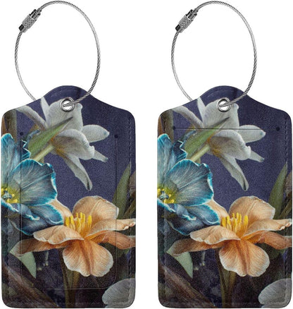 Retro Tulips Luggage Bag Case Tags for Travel Suitcase White Blue Yellow Flowers On Blue Background PU Leather Baggage Tag with ID Label Privacy Flap Cover 2 Pack