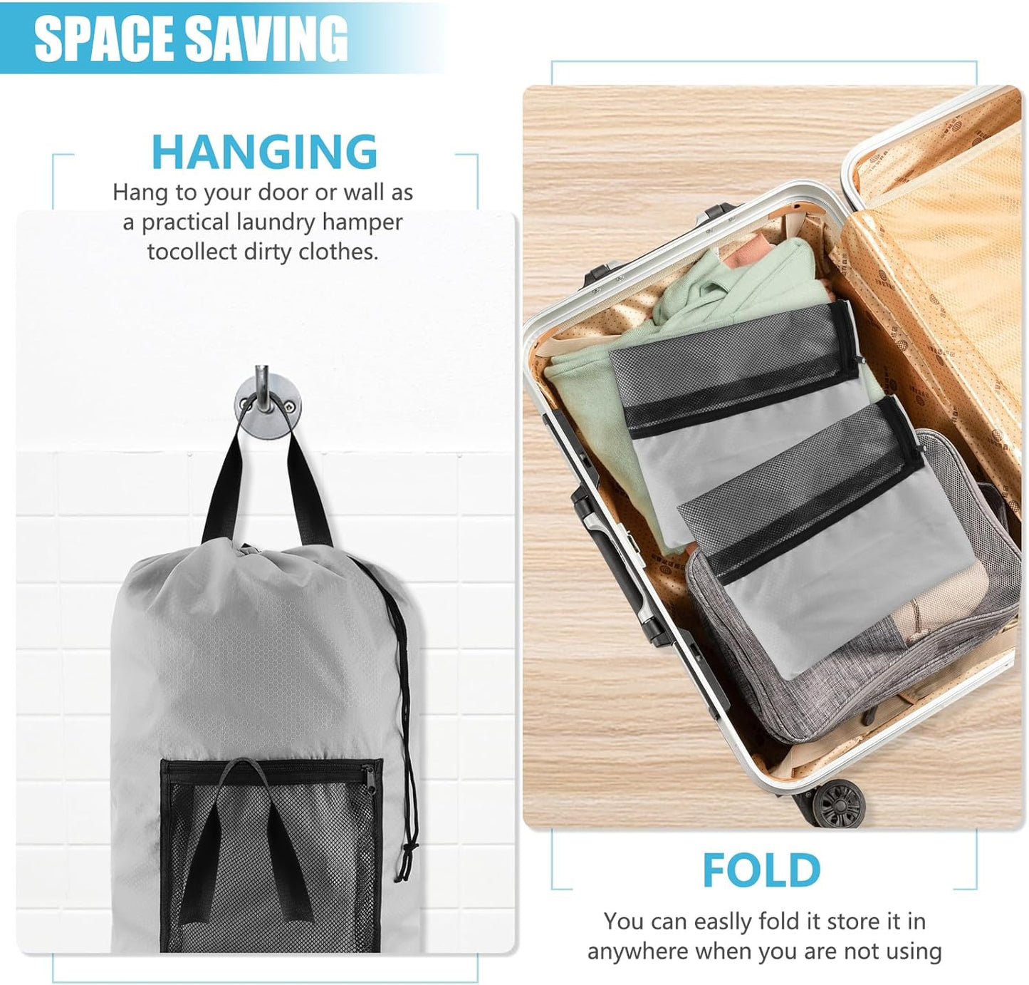 Laundry Bag Backpack, 2PCS Extra Large Travel Laundry Bag with Mesh Pocket & Adjustable Shoulder Straps,Dirty Clothes Travel Bag for College Students Dorm,Apartment(Light Gray)