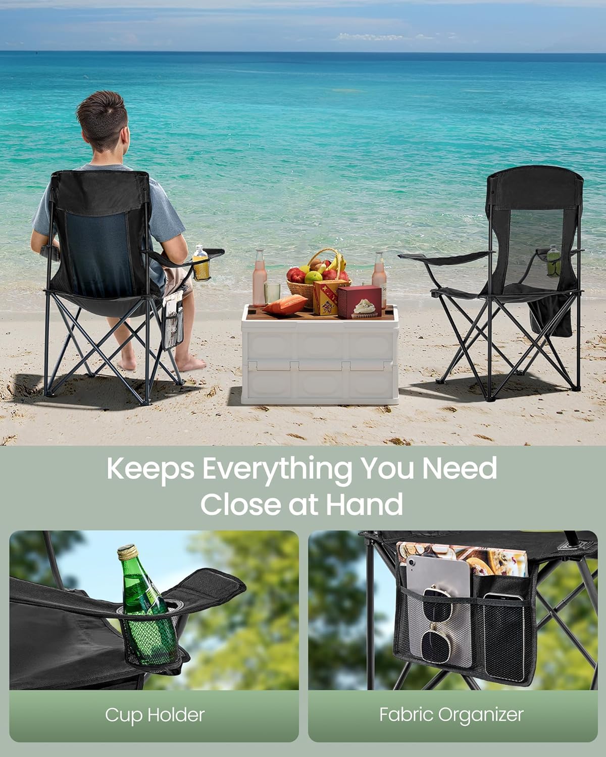 SONGMICS Breathable Camping Chairs, Foldable Outdoor Chairs Set of 2, High Back, Adjustable Armrests, Drink Holder, Weight Capacity 330 lb, for Sports Garden Backyard, Ink Black UGCB028B02