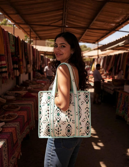Cotton Quilted Tote Bag for Women – Large Beach & Travel Tote with Zipper, Reusable Grocery Bag