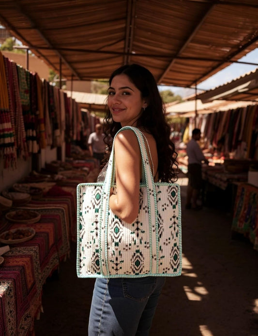 Cotton Quilted Tote Bag for Women – Large Beach & Travel Tote with Zipper, Reusable Grocery Bag