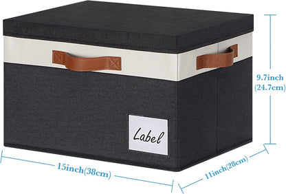 Large Storage Bins with Lids, Foldable Fabric Storage Baskets with Lids, Sturdy Storage Boxes with Labels and 3 PU Handles for Closet Home Bedroom Office (3 Packs, Black&White)