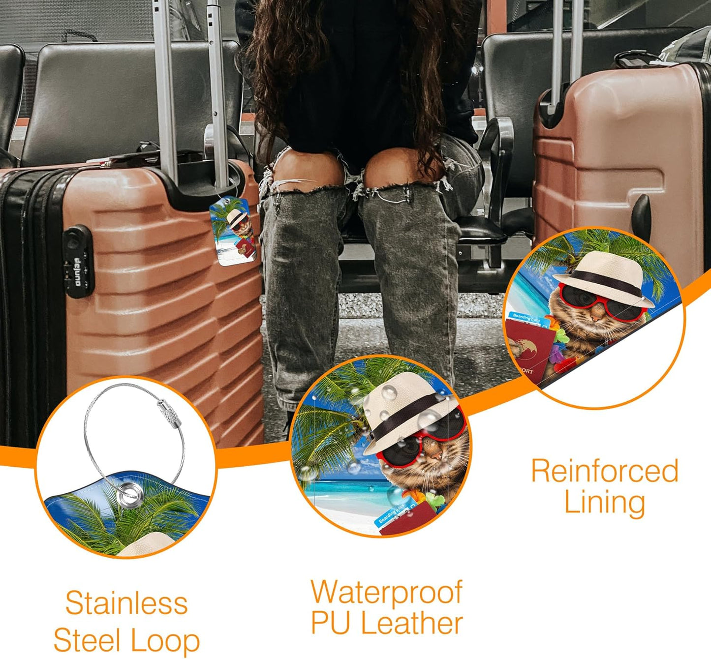 2 Pack Luggage Tag for Suitcase Funny Cat Passport Leather Travel Cruise Luggage Tag with Stainless Steel Loop Name ID Label Privacy Cover for Adults Teens Travel Bag Labels Set