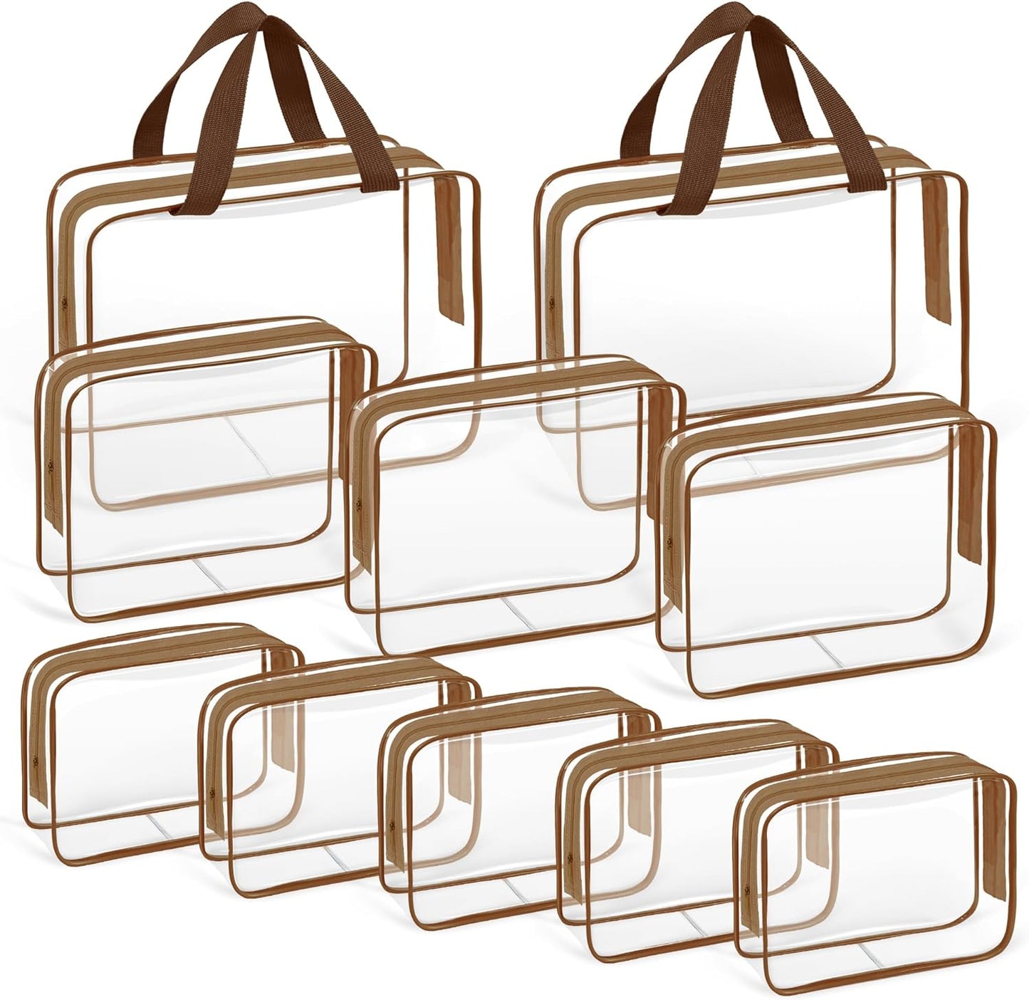 TISRATOK 10 PCS Clear Travel Makeup Toiletry Bag, Plastic PVC Cosmetic TSA Approved Organizer Kit with Zipper Handbag（Coffee）