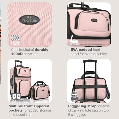 U.S. Traveler Rio Fabric Expandable Carry-on Luggage, Rolling Suitcase, Pink, 2 Wheel Set