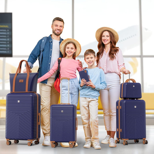 Hoteel 6 Piece Luggage Set (4-YEAR WARRANTY) with Spinner Wheels & TSA Lock, Carry on Luggage Hardshell ABS+PC, Travel Collection Suitcases Sets, Dark Blue(13/20/24/28",Travel Bag,Cosmetic Bag)