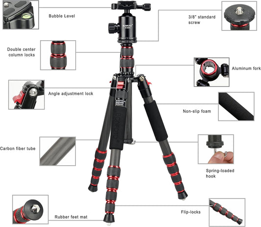 BONFOTO B690C Lightweight Carbon Fiber Portable Tripod Compact Travel Camera Tripod Monopod with 360 Degree Ball Head,1/4" Quick Release Plate and Carry Bag for DSLR Cameras