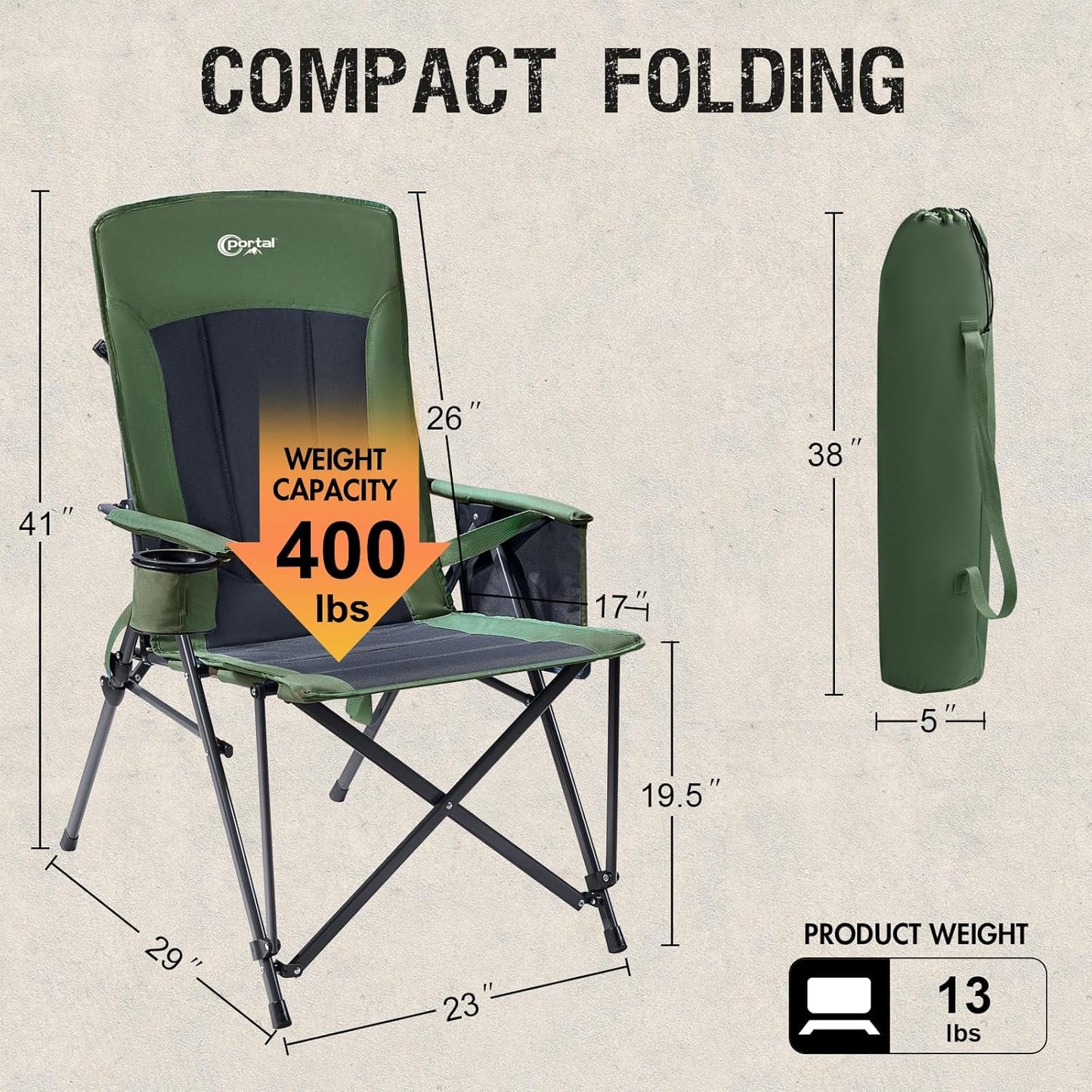 Portal Camping Chair with Lumbar Support for Adults Folding Portable High Back Oversized, 400LBS